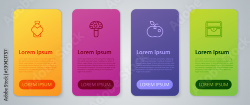 Set line Poison apple, Antique treasure chest, Bottle with love potion and Psilocybin mushroom. Business infographic template. Vector