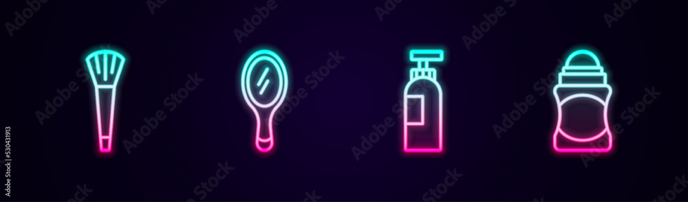 Set line Makeup brush, Hand mirror, Bottle of shampoo and Deodorant roll. Glowing neon icon. Vector Set line Makeup brush, Hand mirror, Bottle of shampoo and Deodorant roll. Glowing neon icon. Vector