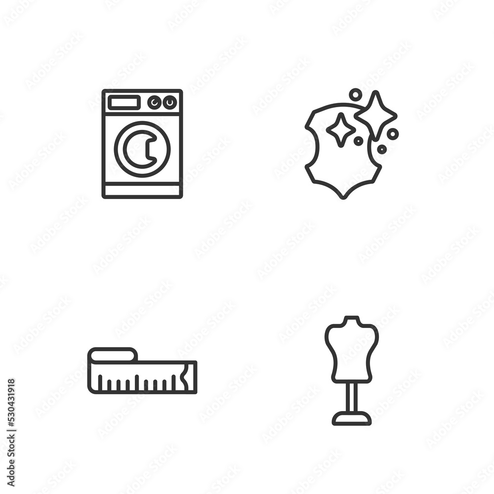 Set line Mannequin, Tape measure, Washer and Leather icon. Vector Set line Mannequin, Tape measure, Washer and Leather icon. Vector