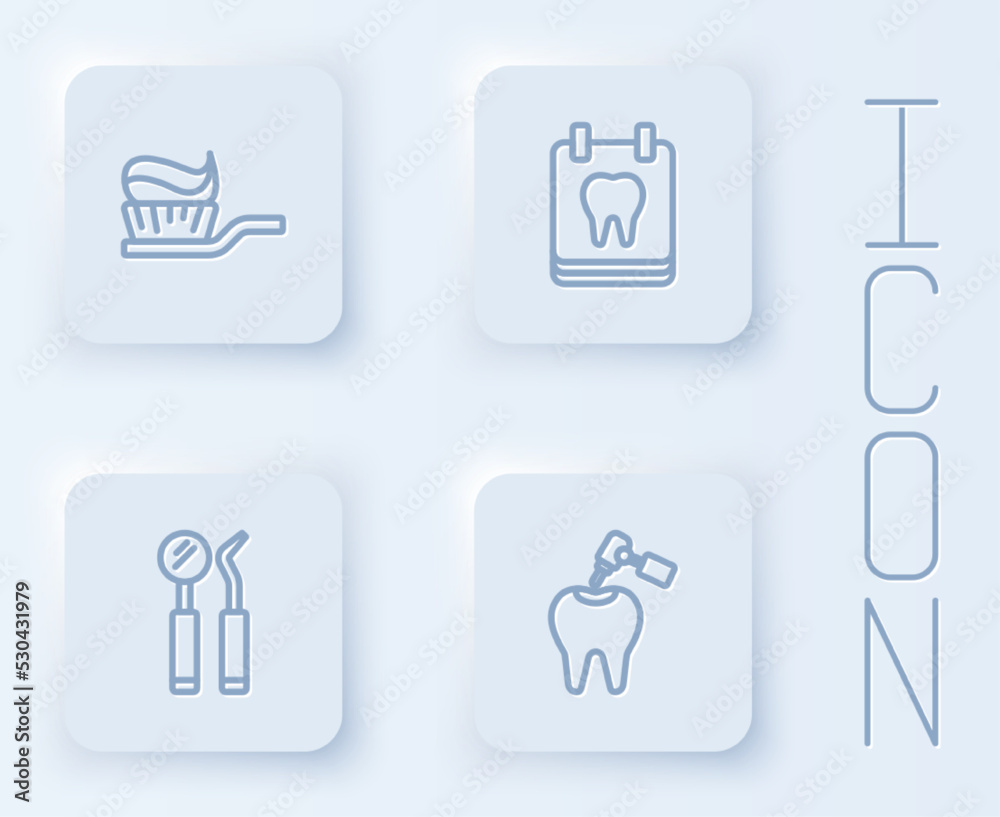 Set line Toothbrush with toothpaste, Calendar, Dental mirror and probe and caries drill. White square button. Vector Set line Toothbrush with toothpaste, Calendar, Dental mirror and probe and caries drill. White square button. Vector
