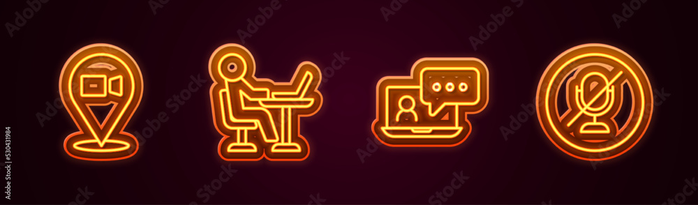 Set line Video chat conference, Freelancer, and Mute microphone. Glowing neon icon. Vector Set line Video chat conference, Freelancer, and Mute microphone. Glowing neon icon. Vector