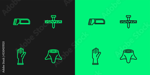 Set line Tree stump, Protective gloves, Hacksaw and Metallic nail icon. Vector