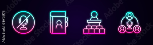 Set line Mute microphone, Phone book, Speaker and Meeting. Glowing neon icon. Vector