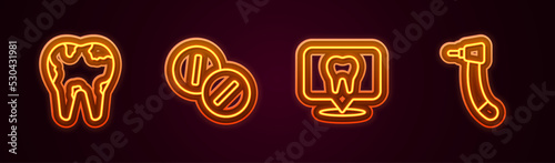 Set line Broken tooth, Toothache painkiller tablet, Dental clinic location and drill. Glowing neon icon. Vector