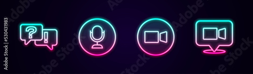 Set line Question and Answer, Microphone, Video chat conference and . Glowing neon icon. Vector