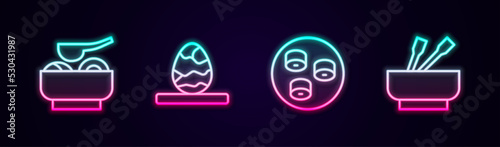 Set line Ramen soup bowl, Chinese tea egg, Sushi and Asian noodles. Glowing neon icon. Vector
