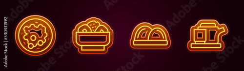 Set line Rice in a bowl, Chow mein on plate, Sushi and Traditional tea ceremony. Glowing neon icon. Vector