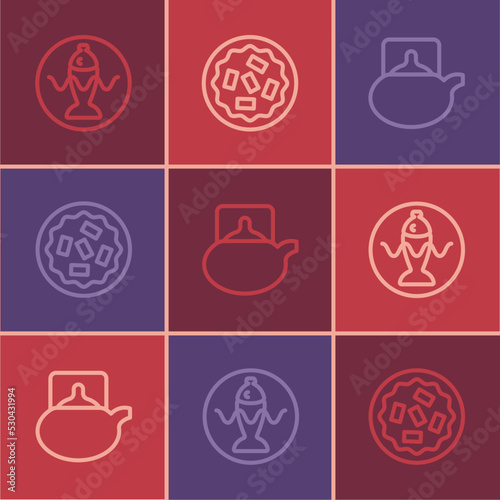 Set line Served fish on a plate, Traditional tea ceremony and Homemade pie icon. Vector