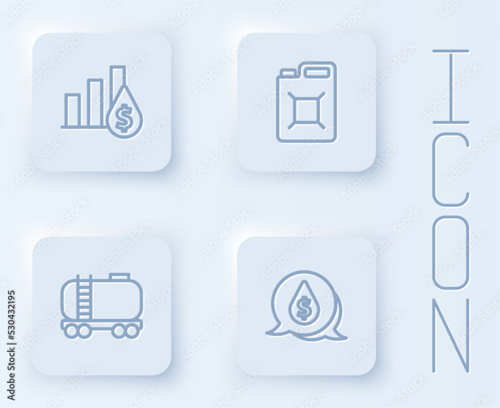 Set line Pie chart and dollar, Canister for gasoline, Oil railway cistern and drop with symbol. White square button. Vector Set line Pie chart and dollar, Canister for gasoline, Oil railway cistern and drop with symbol. White square button. Vector