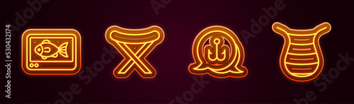 Set line Fish finder echo sounder, Camping folding chair, Fishing hook and net. Glowing neon icon. Vector