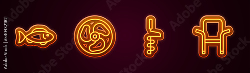 Set line Fish, Outboard boat motor, Hand ice drill and Camping folding chair. Glowing neon icon. Vector