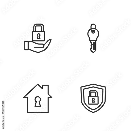 Set line Shield security with lock, House under protection, Lock and Key icon. Vector