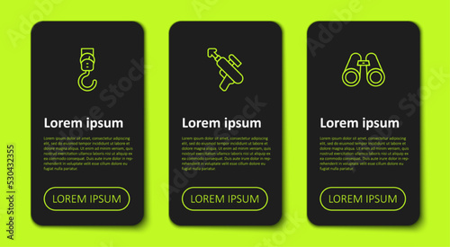 Set line Spring scale, Fishing harpoon and Binoculars. Business infographic template. Vector