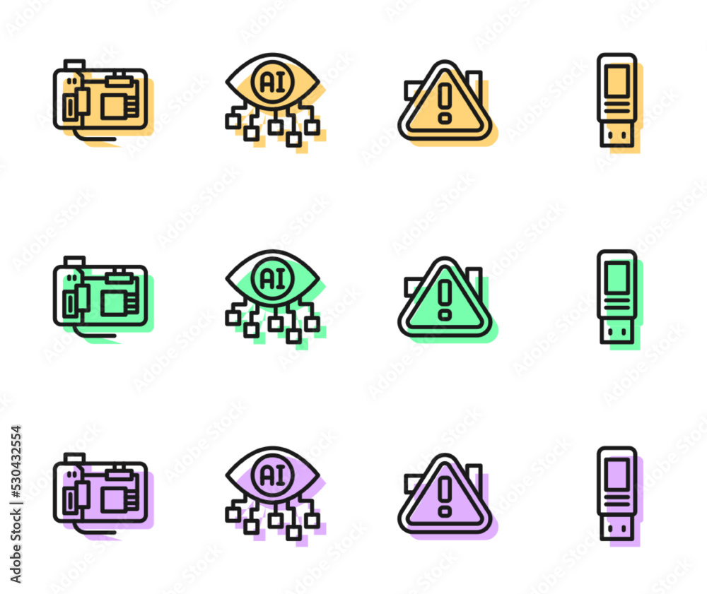 Set line Exclamation mark in triangle, Motherboard, Computer vision and USB flash drive icon. Vector Set line Exclamation mark in triangle, Motherboard, Computer vision and USB flash drive icon. Vector