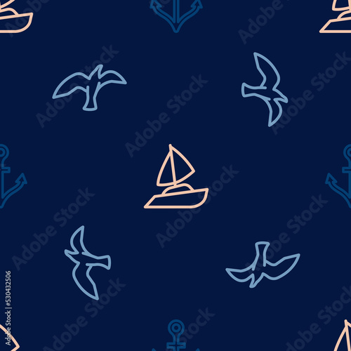Set line Anchor  Bird seagull and Yacht sailboat on seamless pattern. Vector