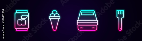 Set line Soda can  Ice cream in waffle  Lunch box and Fork. Glowing neon icon. Vector