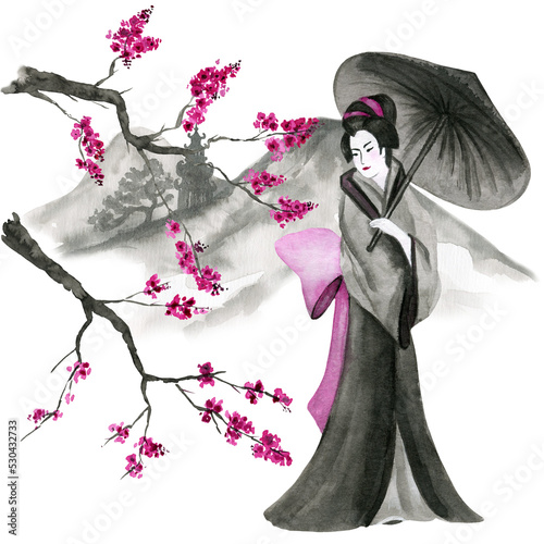 Canvas-taulu Illustration in Japanese style, a geisha with an umbrella.