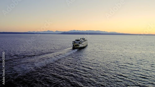 Stunning Washington Travel Aerial of Ferry Boat and Olympic Mountains