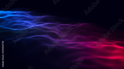 Digital gradient wave with dots on the dark background. The futuristic abstract structure of network connection. Big data visualization. 3D rendering.