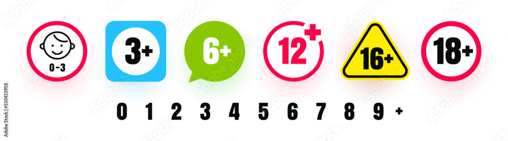Age limit icons for kids and teenagers. Creating icon with age restrictions. 0, 3, 6, 12, 16,18 years old signs for toys, food and alcoholic drinks. Set of age restrictions signs. Vector elements Age limit icons for kids and teenagers. Creating icon with age restrictions. 0, 3, 6, 12, 16,18 years old signs for toys, food and alcoholic drinks. Set of age restrictions signs. Vector elements