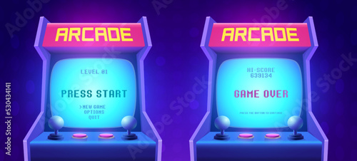 Arcade game screen. Retro arcade game machine. 80s retro start play and game over interface screen. Video gaming machine. Vector Illustration of play screen game computer