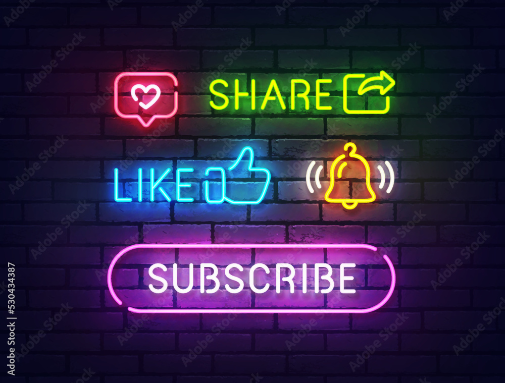 Serpiente Hacer Limpiamente Social button neon. Buy icon. Colored neon buttons. Button like, share,  subscribe neon. Vector illustration Stock Vector | Adobe Stock