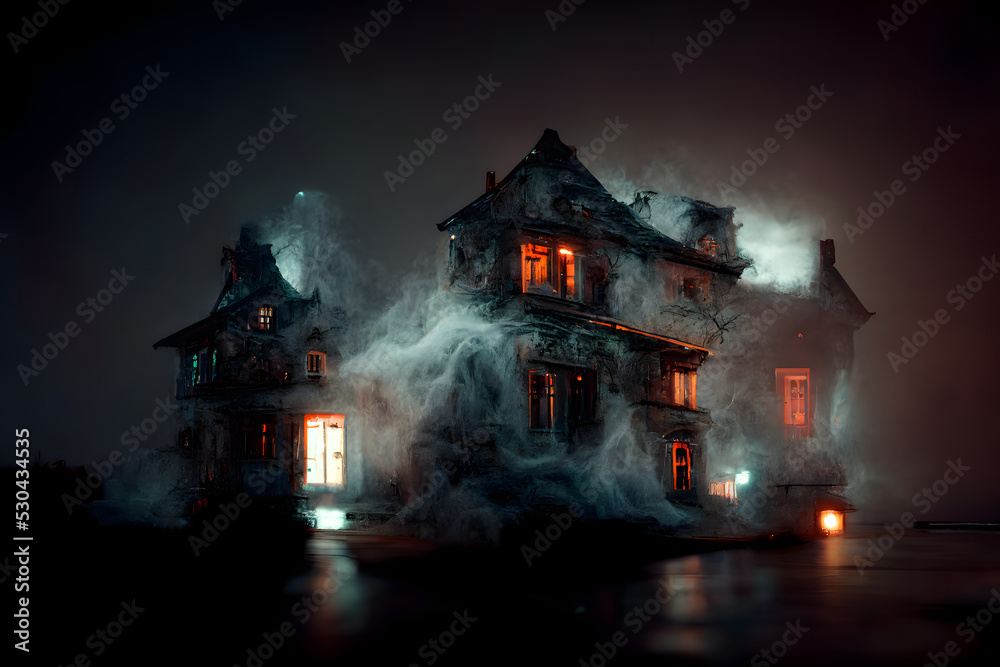 dark haunted house with illuminated windows at spooky misty dark