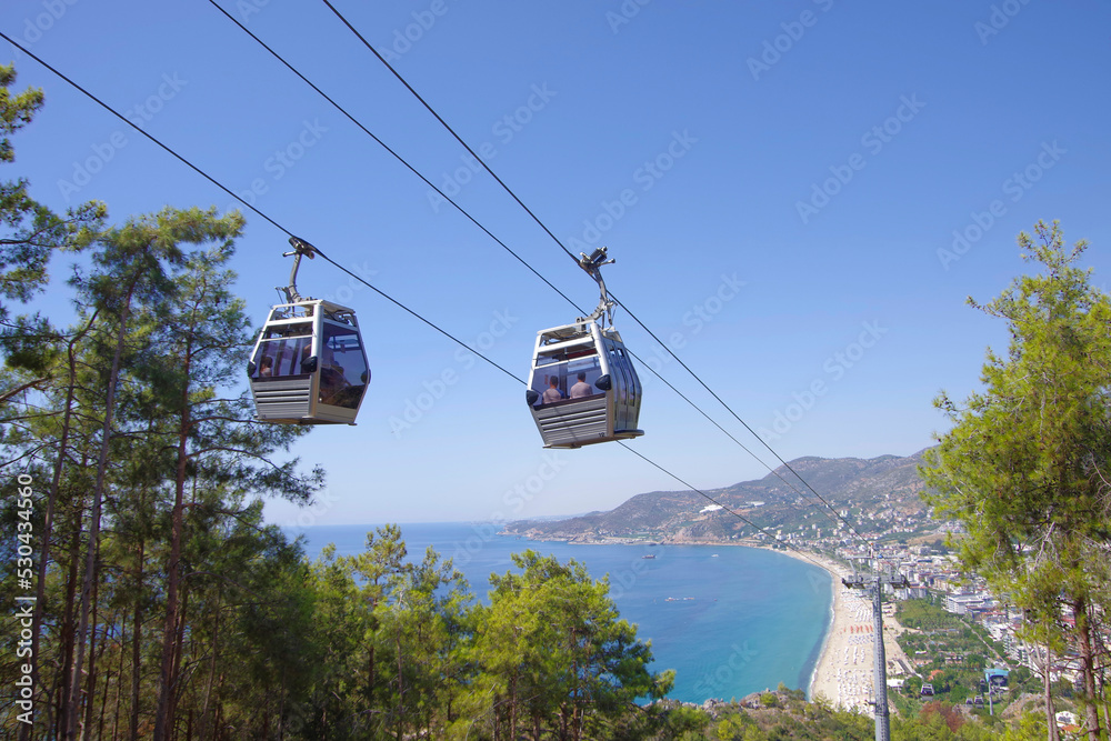 Cable car in the city of Alanya in Turkey over the Cleopatra beach.