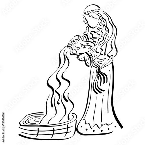 Rebekah pours water from a jug into a camel drinker, a biblical woman of the Old Testament, a black sketch