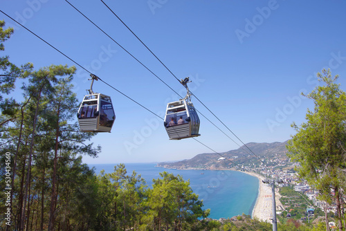 Cable car in the city of Alanya in Turkey over the Cleopatra beach.
