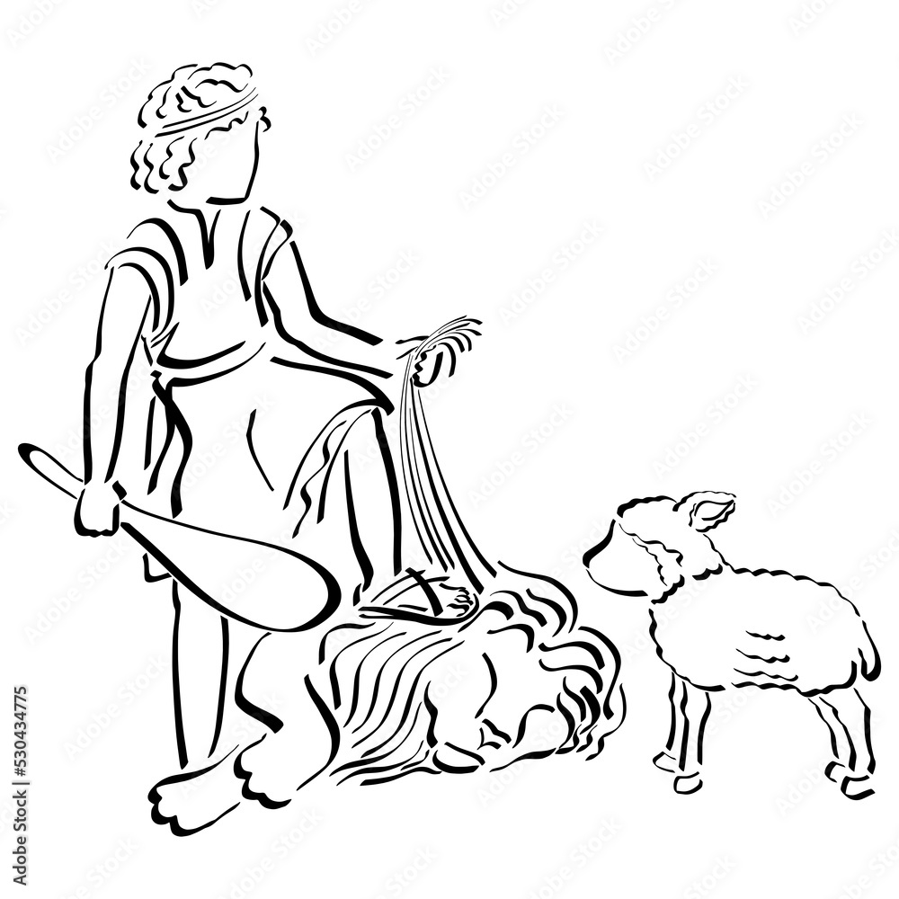 Young David defeated the lion, and the lamb, the biblical king and hero, the black outline