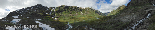 Panorama of stream from mountains in Norway