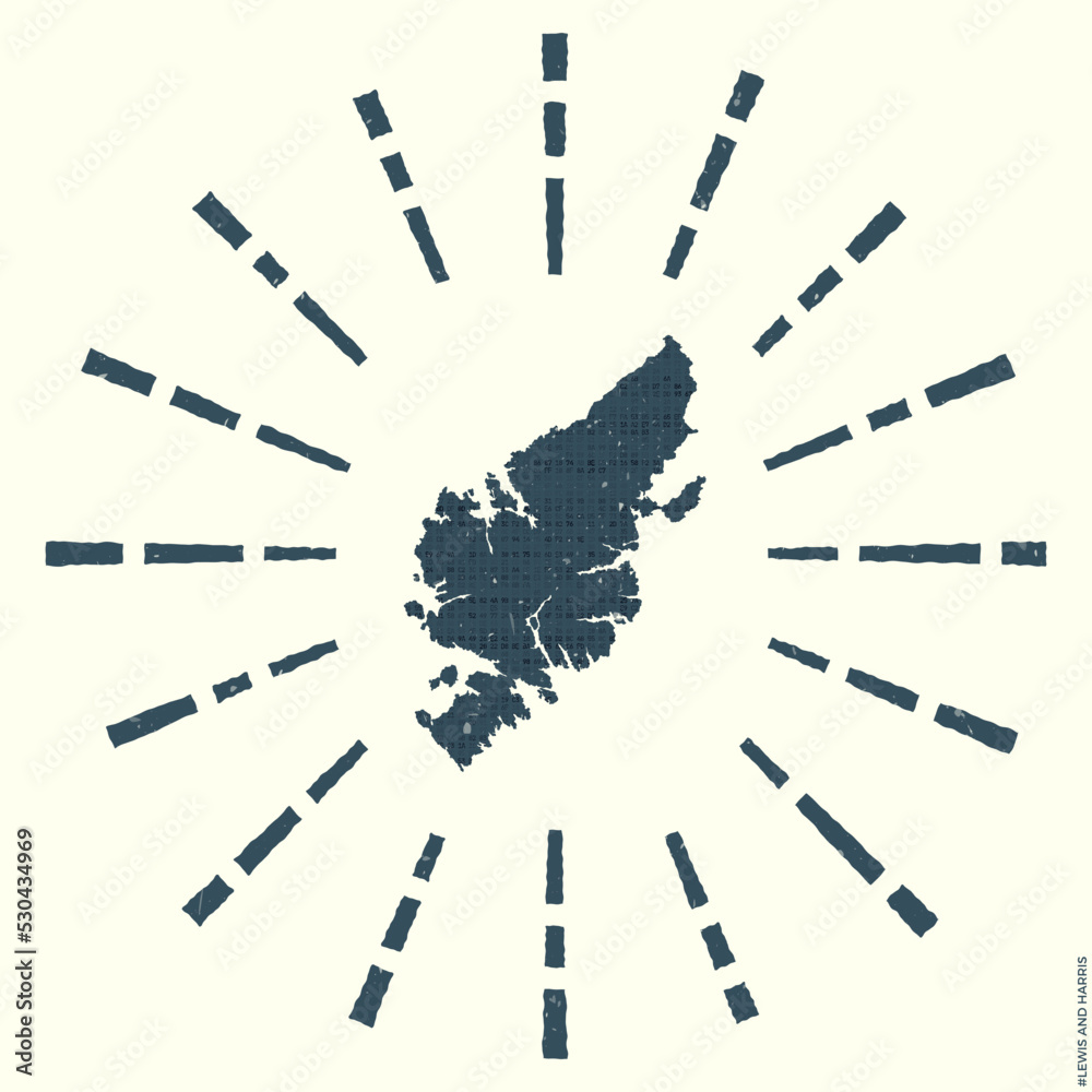 Lewis and Harris Logo. Grunge sunburst poster with map of the island