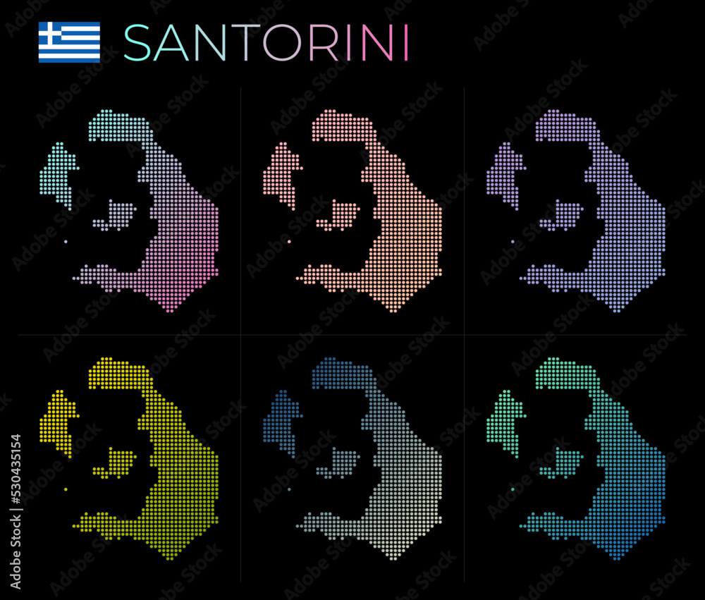 Santorini dotted map set. Map of Santorini in dotted style. Borders of the island filled with beautiful smooth gradient circles. Charming vector illustration.