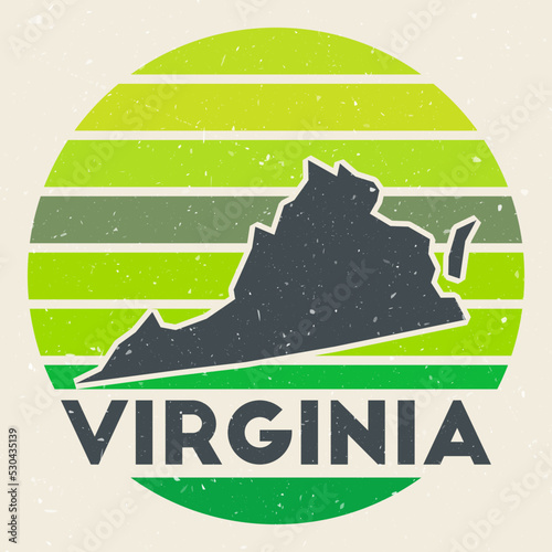 Virginia logo. Sign with the map of the US state and colored stripes, vector illustration. Can be used as insignia, logotype, label, sticker, or badge of Virginia.