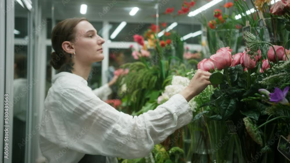Florist arranging flowers in fridge Florist arranging flowers in fridge