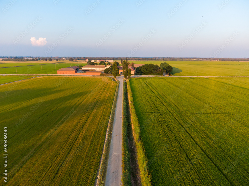 Aerial countryside landscape in Italy with rice fields and an old rural building Aerial countryside landscape in Italy with rice fields and an old rural building