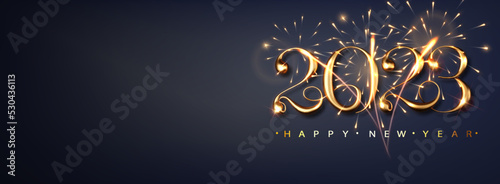 2023 Happy new year banner with flickering fireworks. Dark luxury background with golden metallic numbers date 2023. Vector illustration