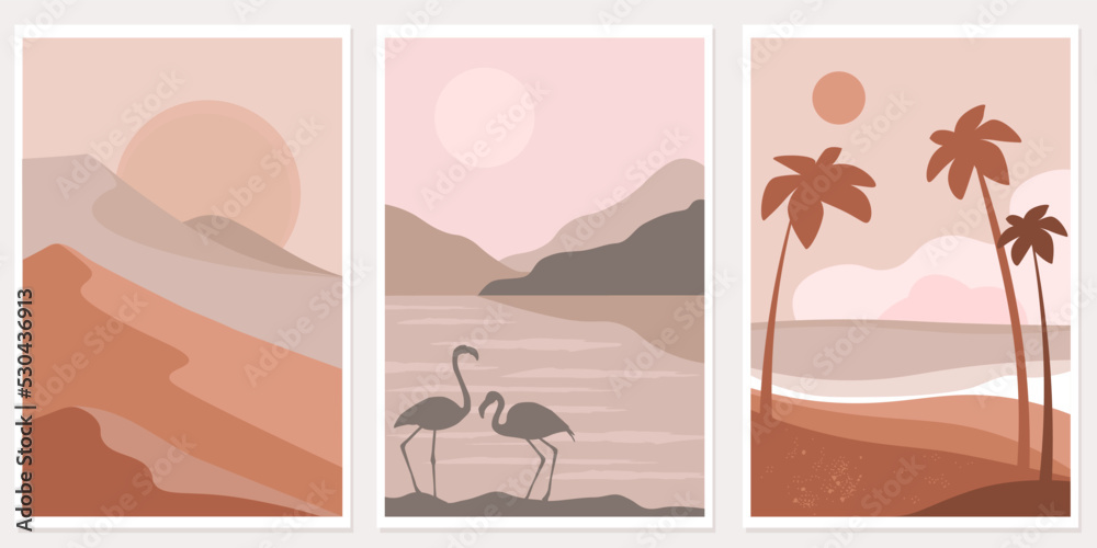 A set of posters with natural landscapes for recreation and travel. Flamingos on the background of the sea, mountains, silhouettes of palm trees, the sun is shining. Vector graphics.