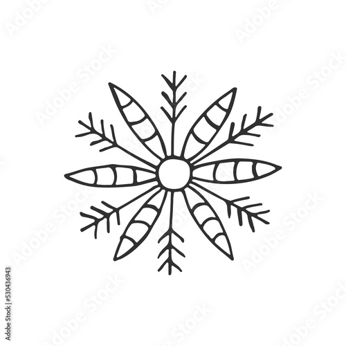 A hand-drawn snowflake. Vector illustration in doodle style. Winter mood. Hello 2023. Merry Christmas and Happy New Year. Black element on a white background.