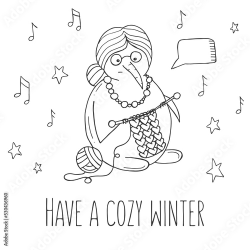 Cute snowman with stars and notes on a white background. Vector illustration in doodle style. Winter mood. Hello 2023. Merry Christmas and Happy New Year.