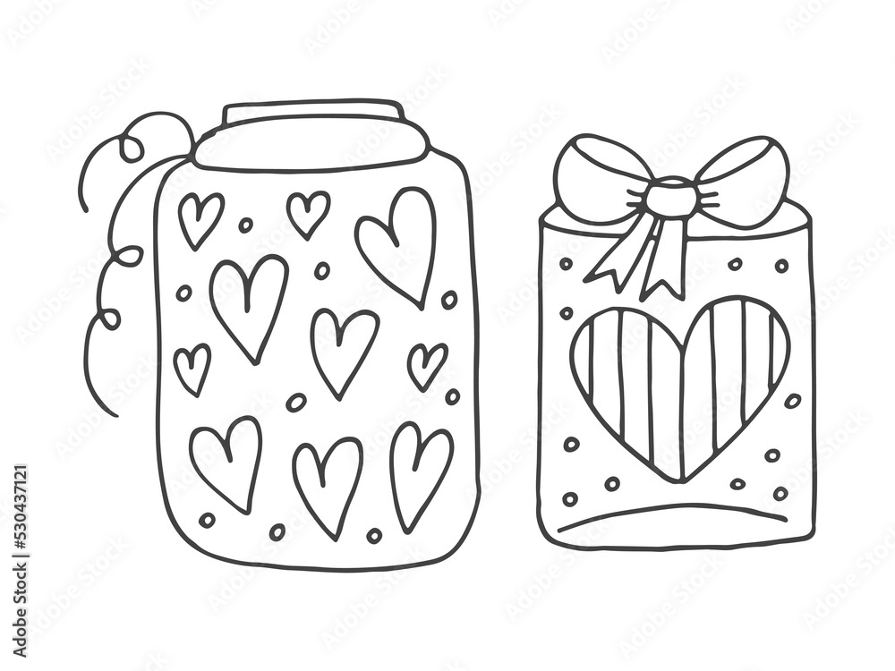 Set of cute hand-drawn doodle elements about love. Message stickers for apps. Icons for Valentines Day, romantic events and wedding. Jars with hearts and love potion. Set of cute hand-drawn doodle elements about love. Message stickers for apps. Icons for Valentines Day, romantic events and wedding. Jars with hearts and love potion.