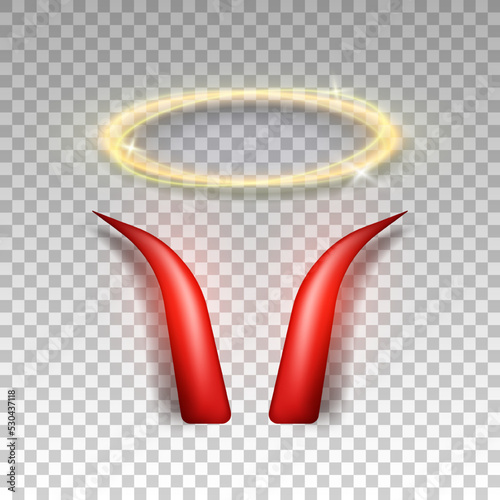 Three dimensional shiny golden nimbus and red devil horns. Glossy daemon horns and halo, angel ring isolated in transparent background. Carnival, masquerade elements. Vector illustration EPS 10