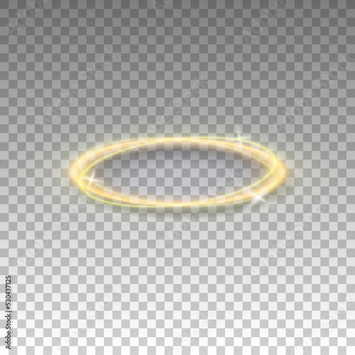 Three dimensional shiny golden nimbus isolated on transparent background. Glossy realistic halo, angel ring, Saint aureole symbol. Vector illustration EPS 10