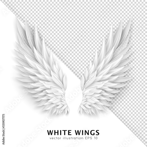 Three dimensional white angel wings. Masquerade, festival, carnival costume. Realistic bird wings isolated on transparent background. Freedom, spiritual concept. Vector illustrator EPS 10