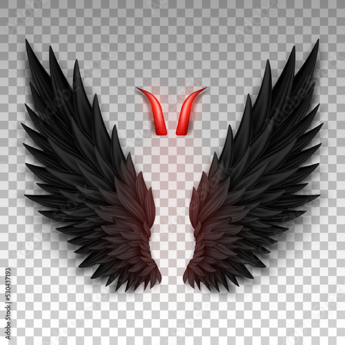 Devil horns and black wings isolated on transparent background. Monster, dark angel outfit. Masquerade, carnival costume. Daemon's red glossy horns and realistic wings. Three dimensional vector EPS 10