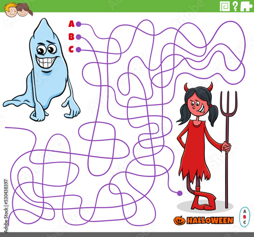 maze with cartoon gohst and devil girl on Halloween time