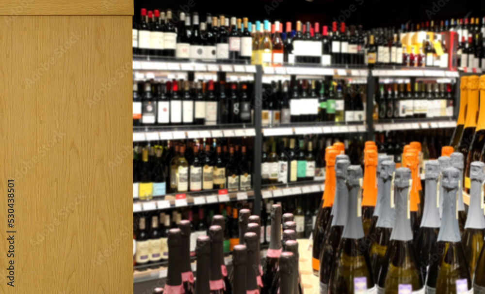 alcohol (wine, champagne, liquor, whiskey) on store shelves