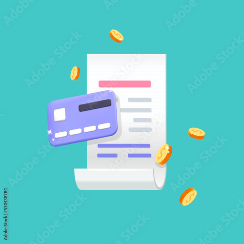 3d  vector invoice bill with gold coins online pay with credit card design. Realistic render online shopping secure system, restaurant payment,business finance concept. Isolated on white background.