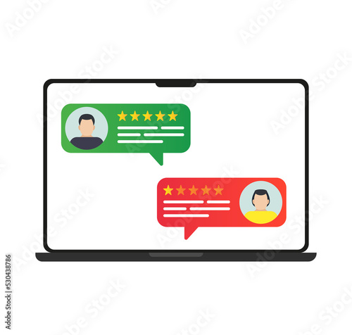 Customer feedback concept on laptop, people giving five star rating and review, positive feedback. Customer service and user experience. Vector illustration